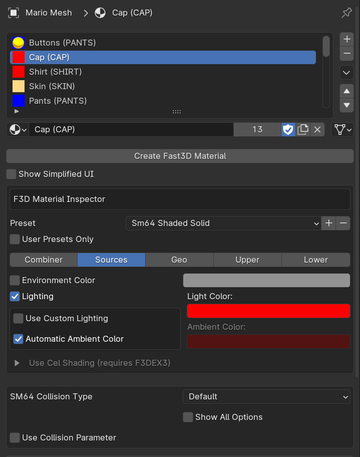 CAP Fast3D Material settings